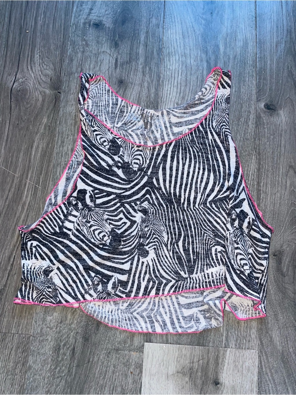 Y2K Zebra Print Mesh Crop Tank with Pink Trim